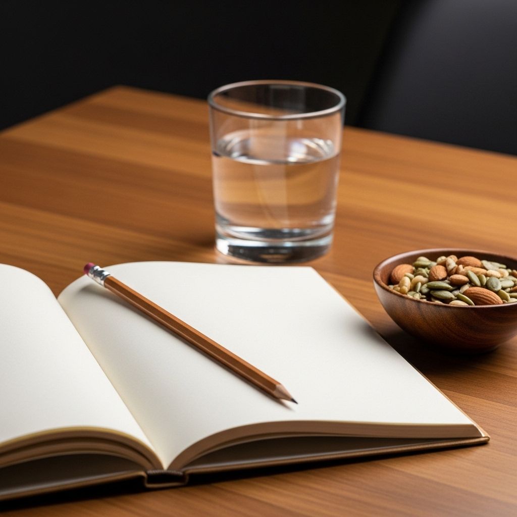 Open notebook with a pencil resting on a wooden desk next to a glass of water and a small bowl of mixed nuts and seeds, suggesting a quiet study or research environment