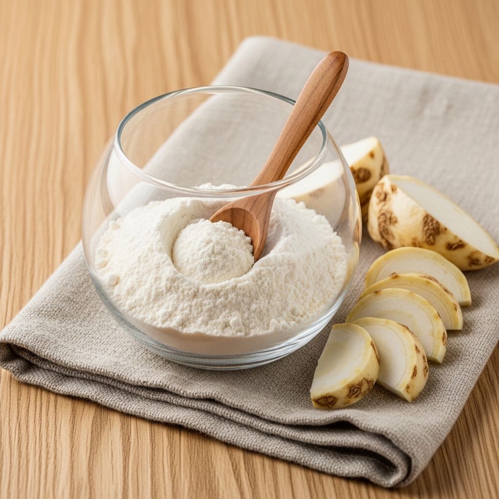 Fine white inulin powder in a round glass bowl with a small wooden spoon, placed on a linen cloth alongside freshly sliced chicory root on a light oak surface