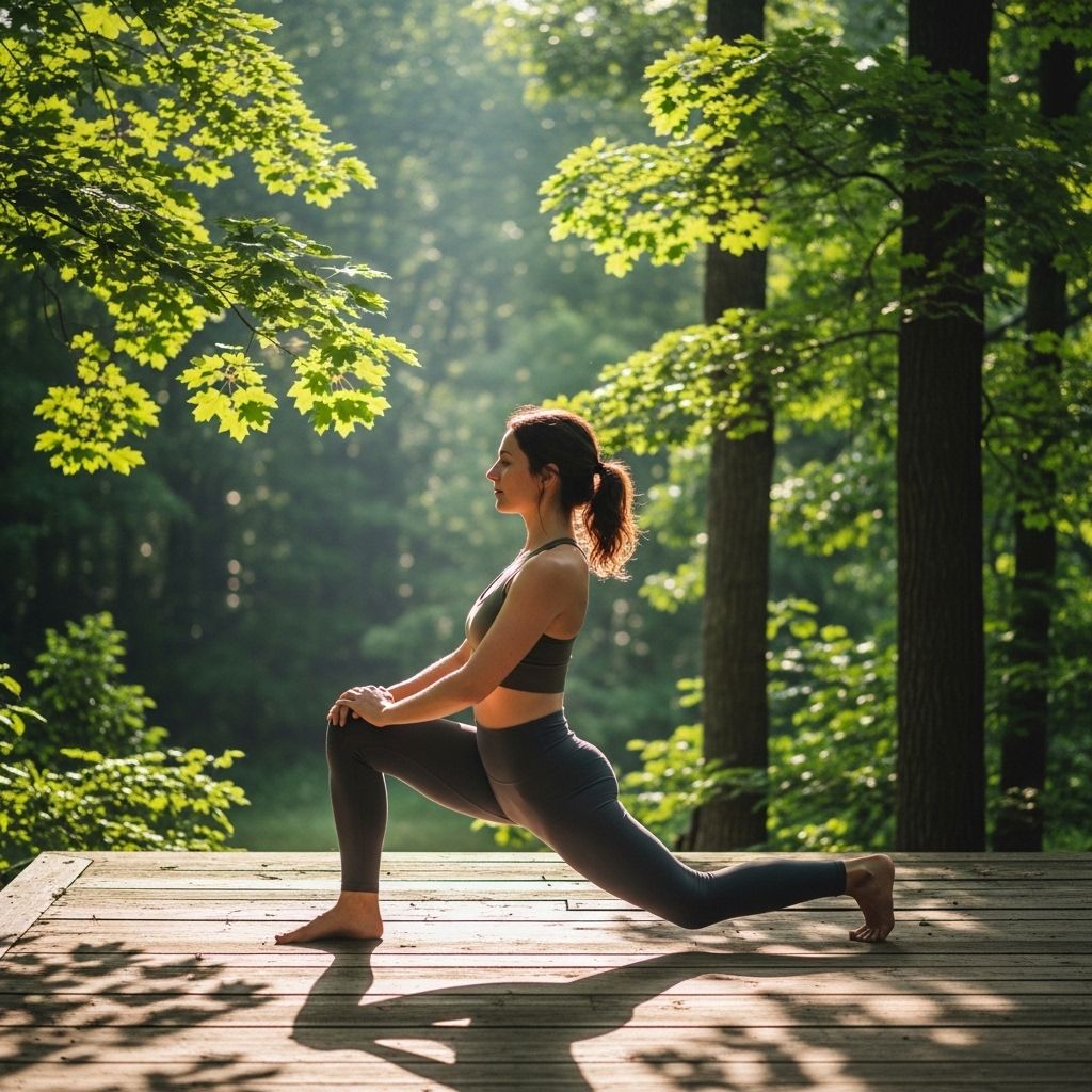 Person performing a gentle outdoor yoga pose on a wooden deck surrounded by green trees and soft morning sunlight filtering through the leaves